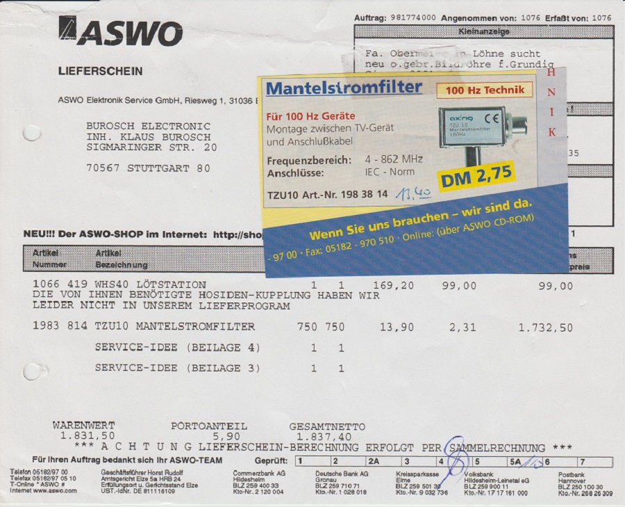 ASWO Lieferschein 15.03.2000